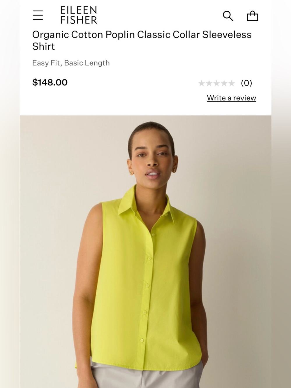 Eileen Fisher Lemongrass Sleeveless Button-Front Poplin Shirt
